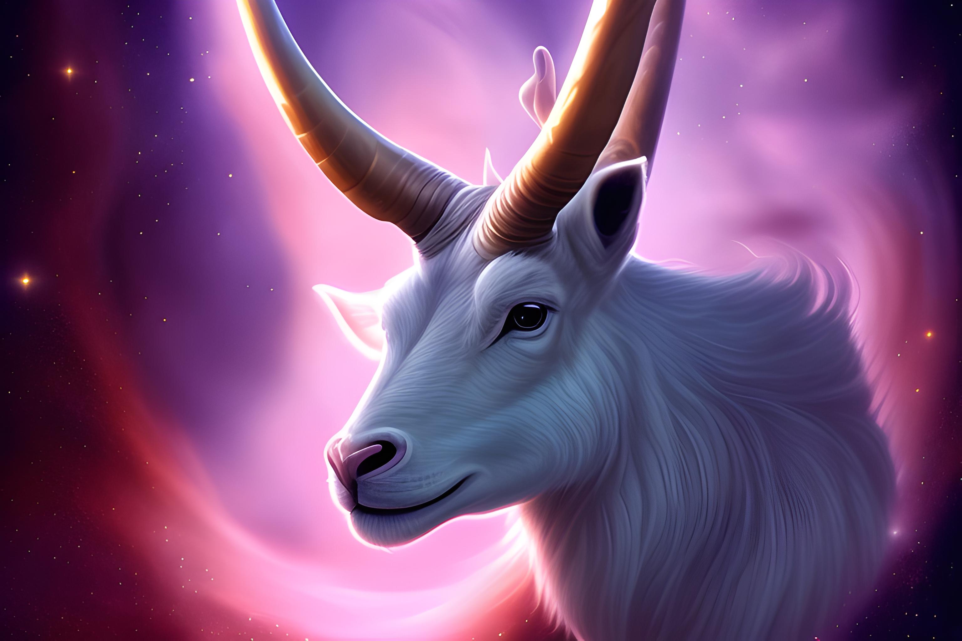 Una cabra majestuosa simbolizando el signo zodiacal Aries, mirando hacia la izquierda. El fondo es …